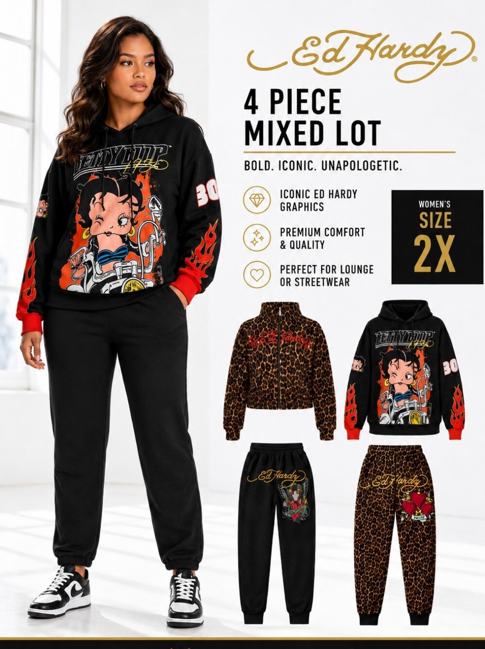 💋4PC BUNDLE 2 Ed Hardy Joggers FUR Hoodie & BETTY BOOP Pullover SIZE 2X LOT NWT
